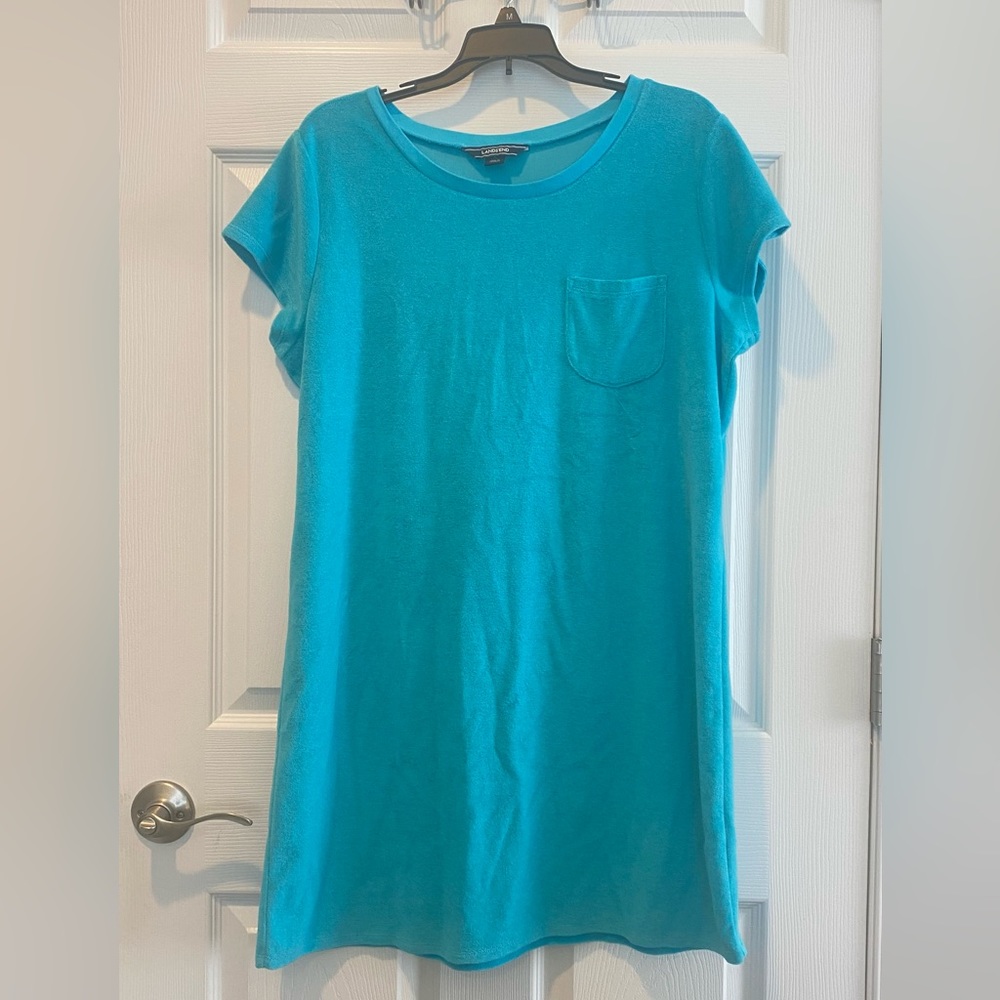 Women’s Lands End Blue Terrycloth Short-Sleeve Bathing Suit Cover-up Size L